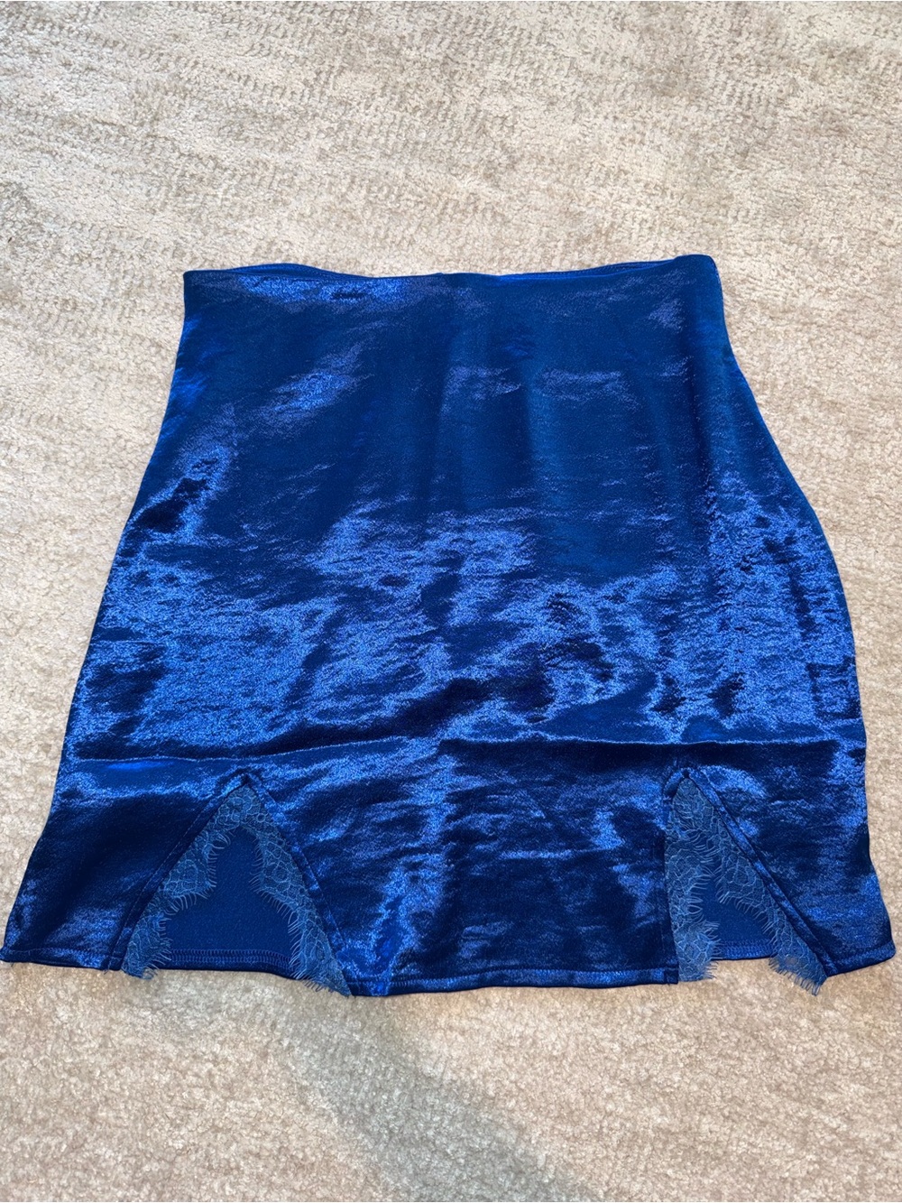 Blue Silk Slip Skirt with Lace Insets